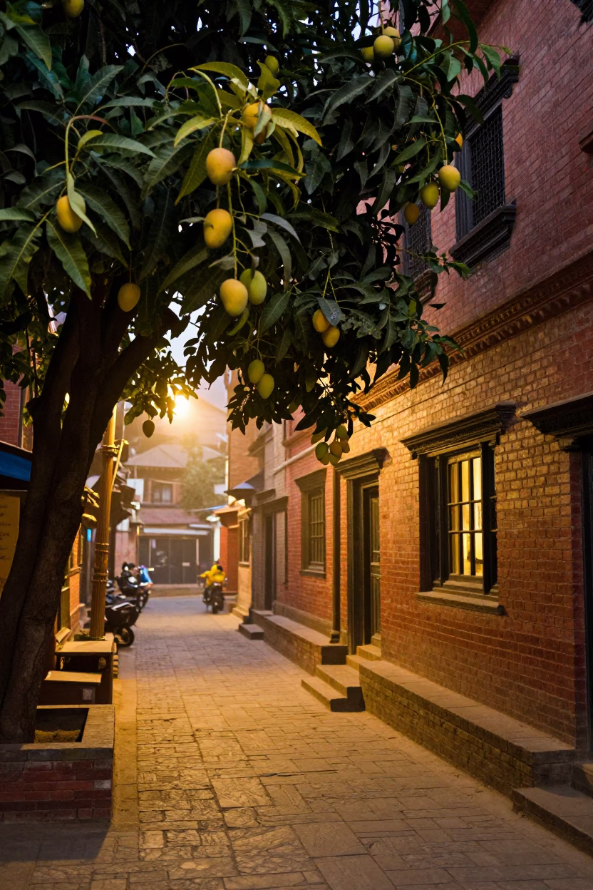 Kathmandu Evening Street Scene with Mango Tree and Window Light Glow in in Kathmandu, Nepal