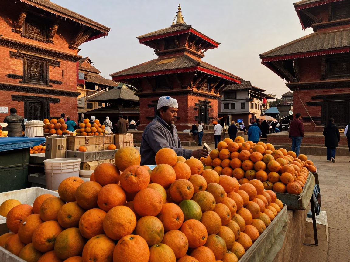 Kathmandu Evening Street Scene with Oranges and Local Market Activity in in Kathmandu, Nepal