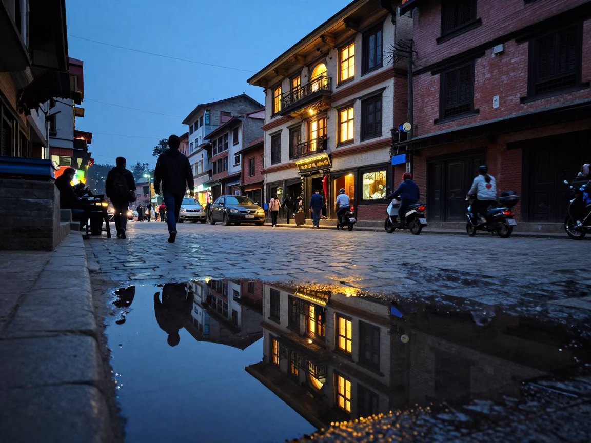Kathmandu Evening Street Scene with Puddle Reflections and Hotel Lights in in Kathmandu, Nepal