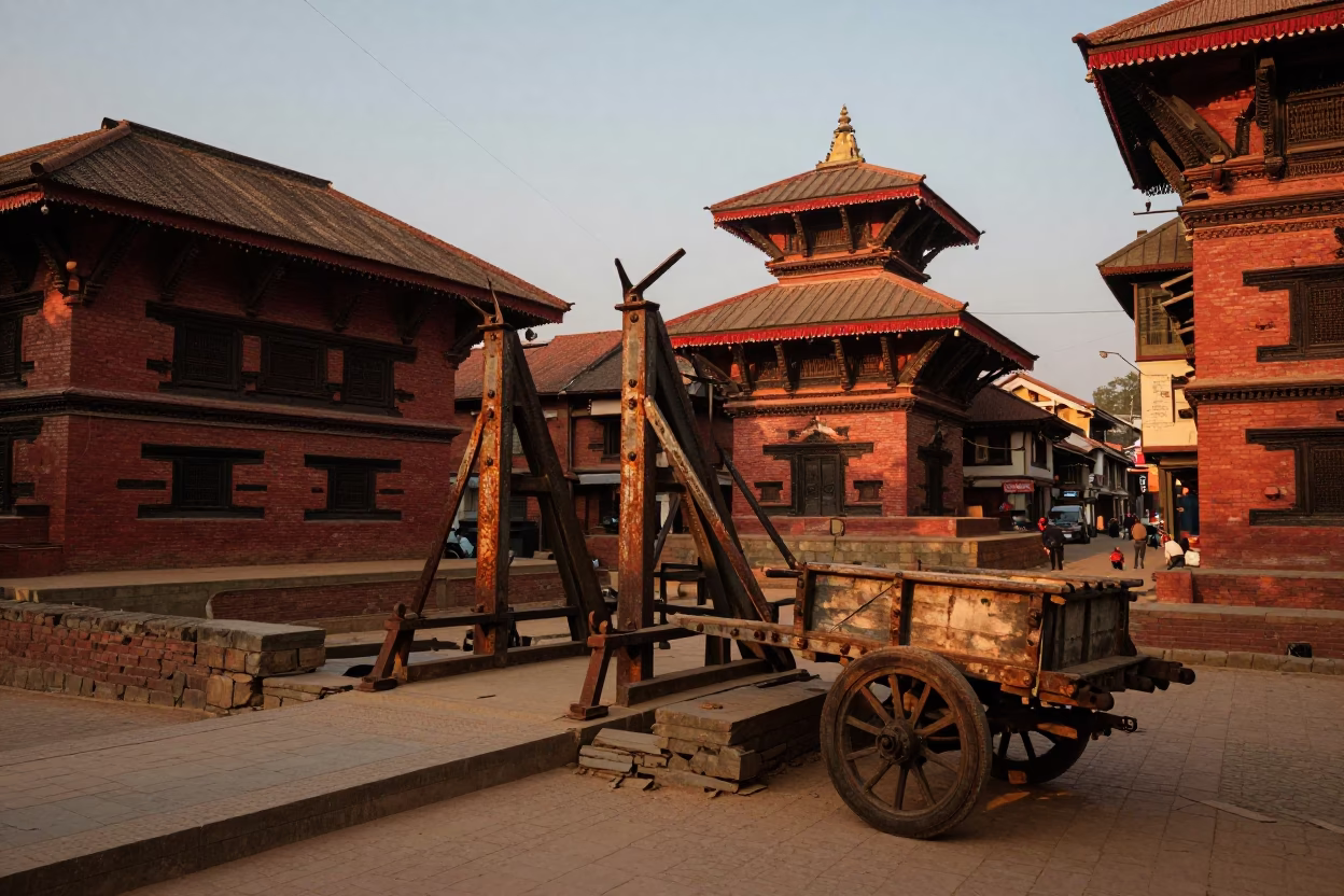 Kathmandu Evening Street Scene with Rusted Drawbridge and Local Life in in Kathmandu, Nepal