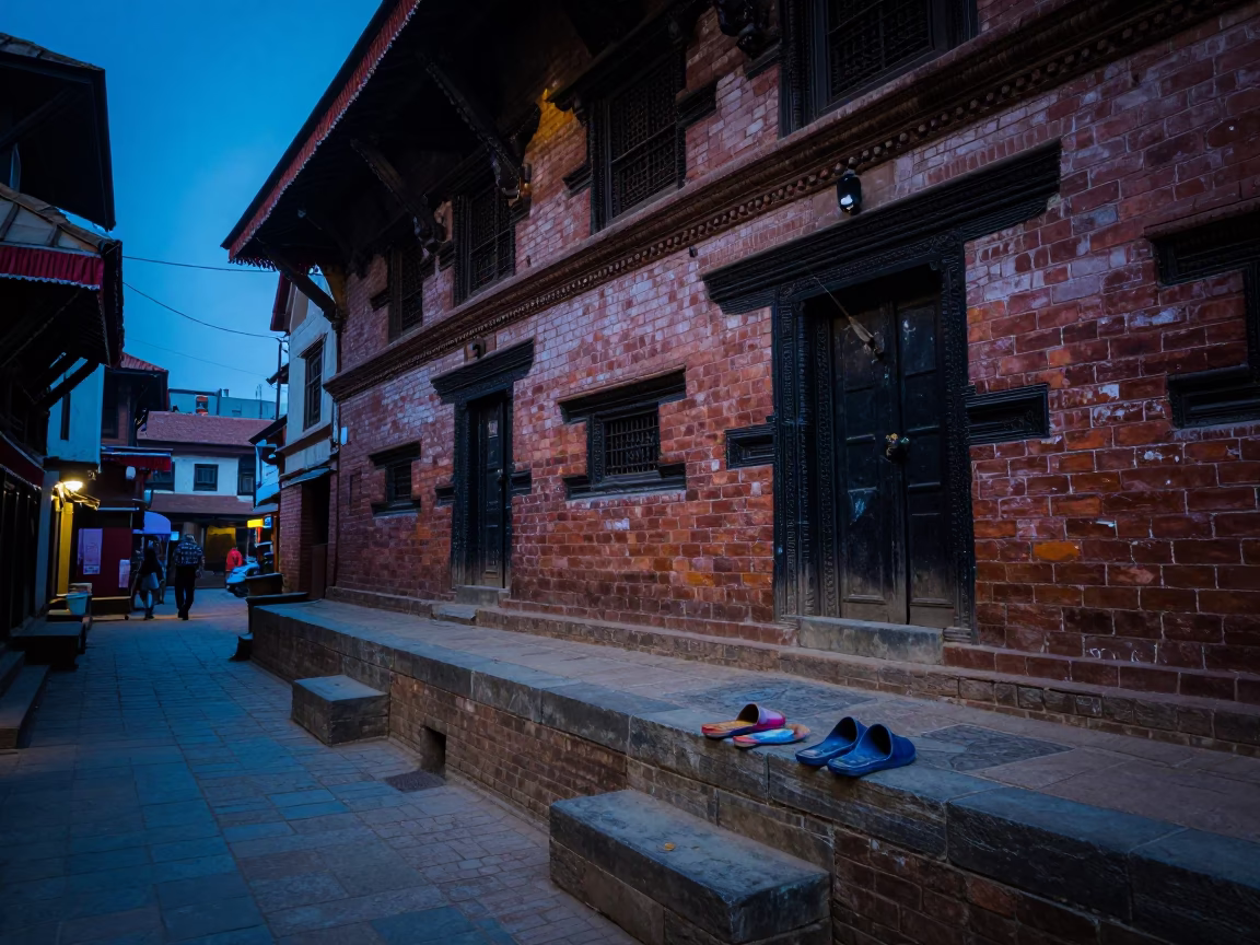 Kathmandu Evening Street Scene with Slippers and Traditional Architecture in in Kathmandu, Nepal
