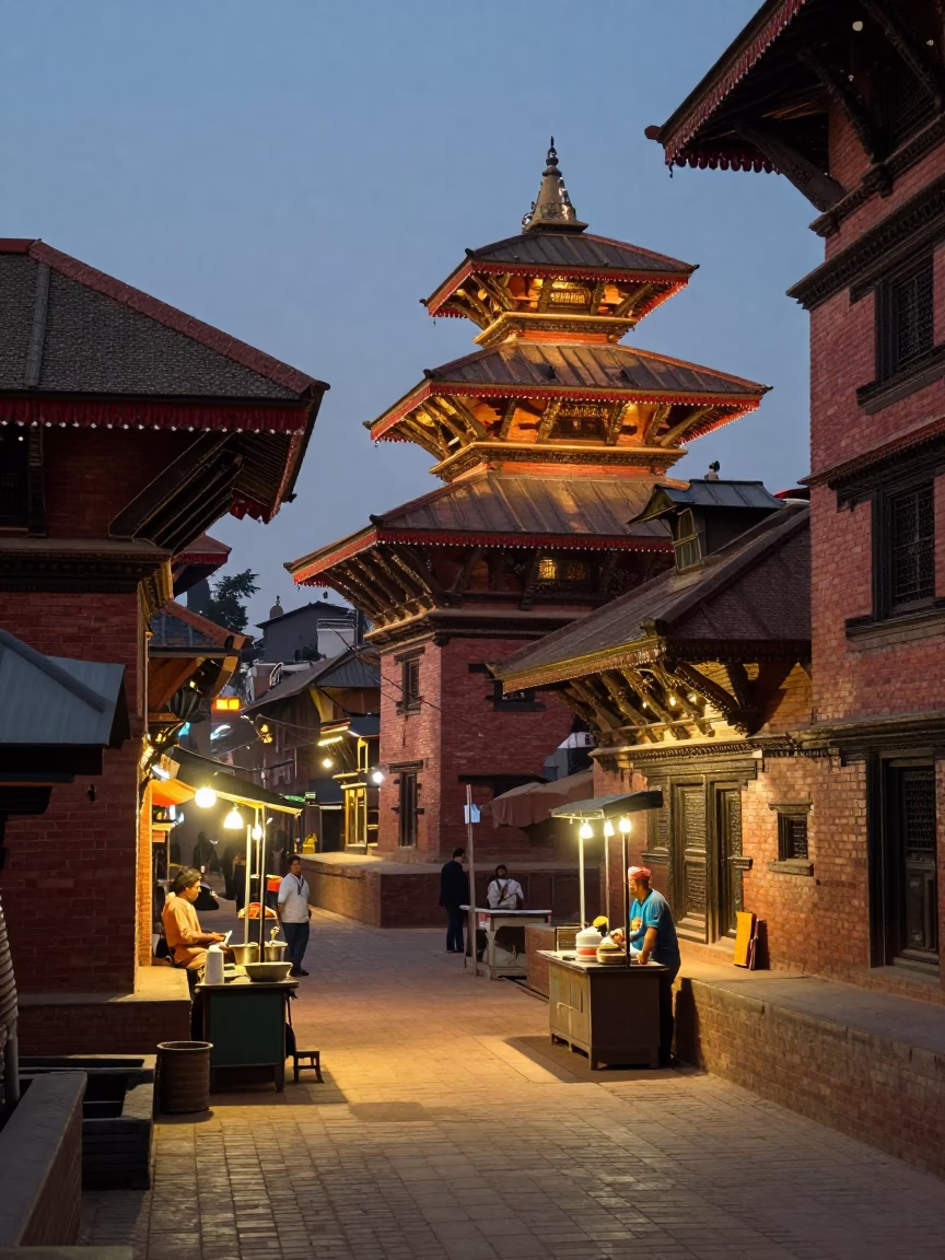 Kathmandu Evening Street Scene with Traditional Brick Architecture and Glowing City Lights in in Kathmandu, Nepal