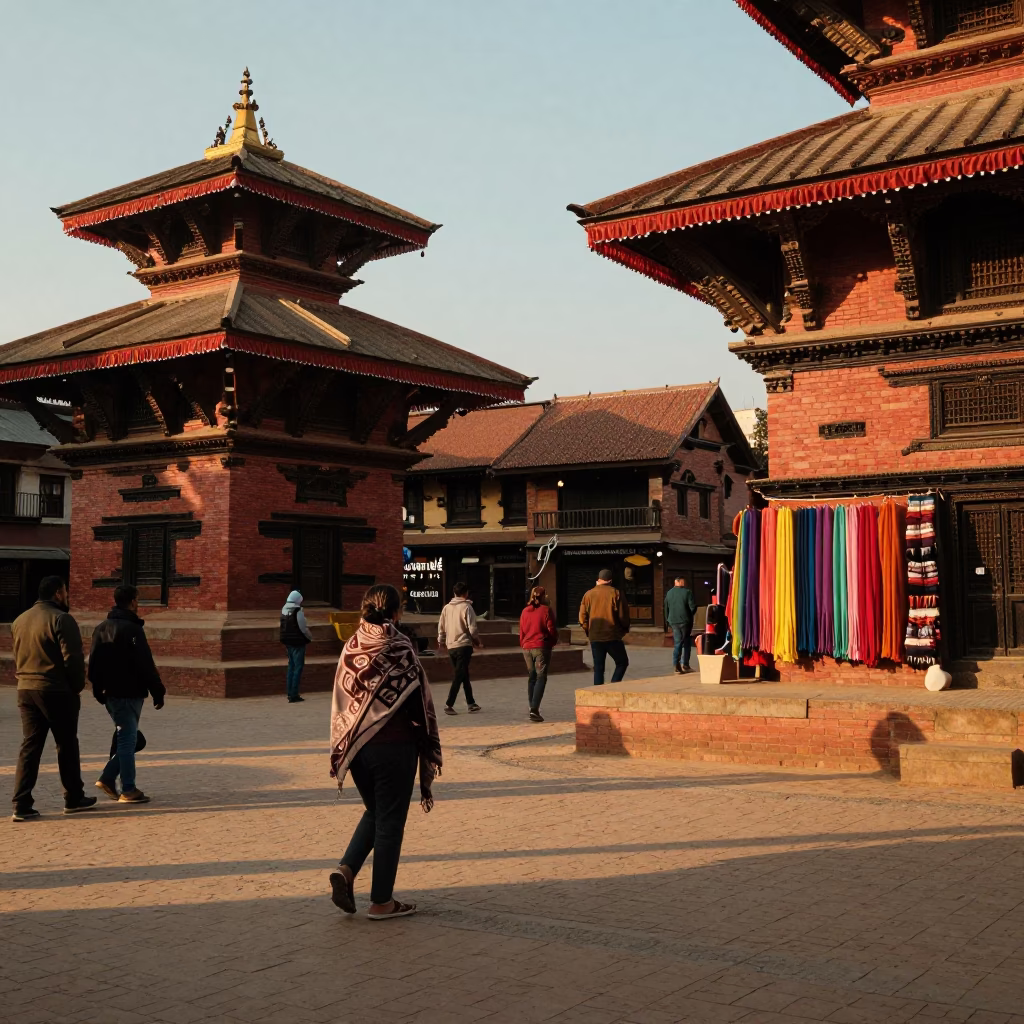 Kathmandu Evening Street Scene with Wool Scarves and Brick Architecture in in Kathmandu, Nepal