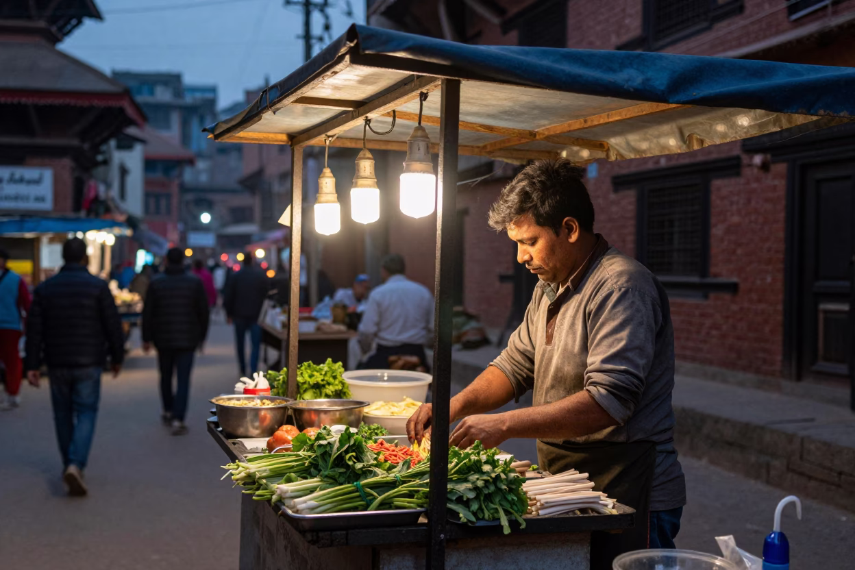 Kathmandu Food Stall at As City Lights Begin To Glow in in Kathmandu, Nepal