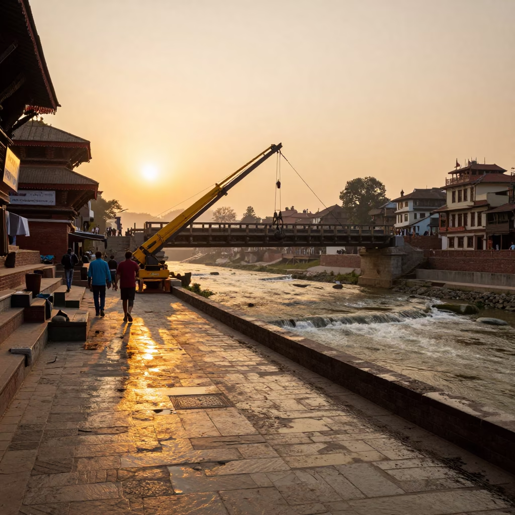 Kathmandu Golden Hour Street Scene with Bridge Maintenance Cradle and Local Life in in Kathmandu, Nepal