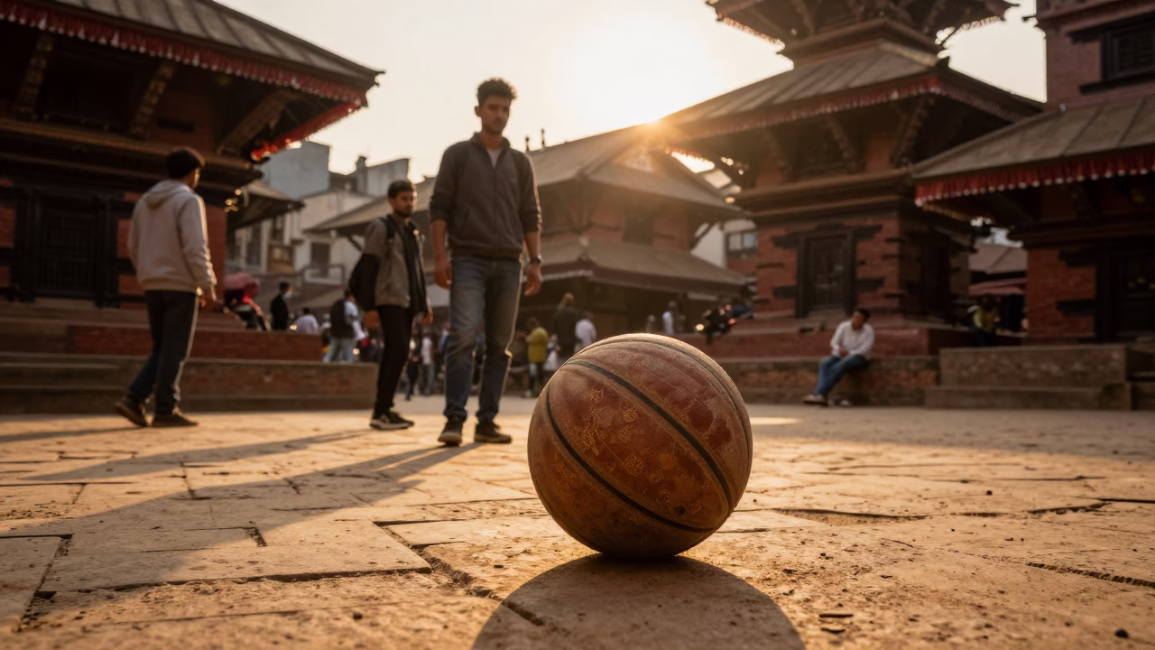 Kathmandu Golden Hour Street Scene with Leather Basketball and Local Interaction in in Kathmandu, Nepal