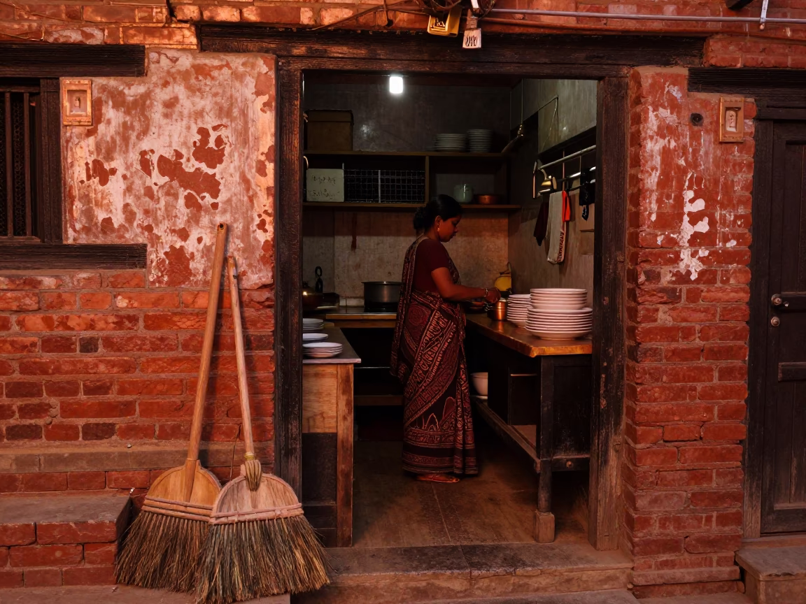 Kathmandu Kitchen Scene with Brooms and Stacked Plates in Copper Light in in Kathmandu, Nepal