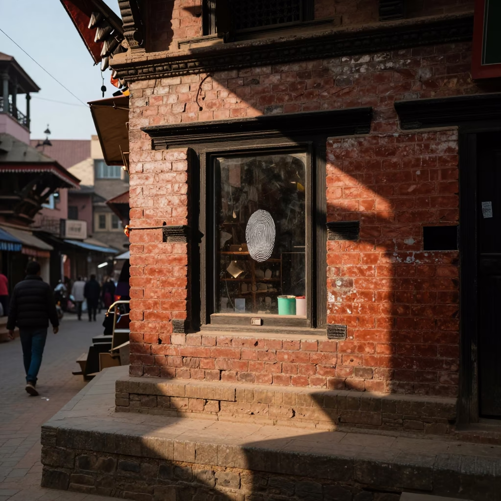 Kathmandu Late Afternoon Street Scene with Fingerprinted Window and Urban Life in in Kathmandu, Nepal