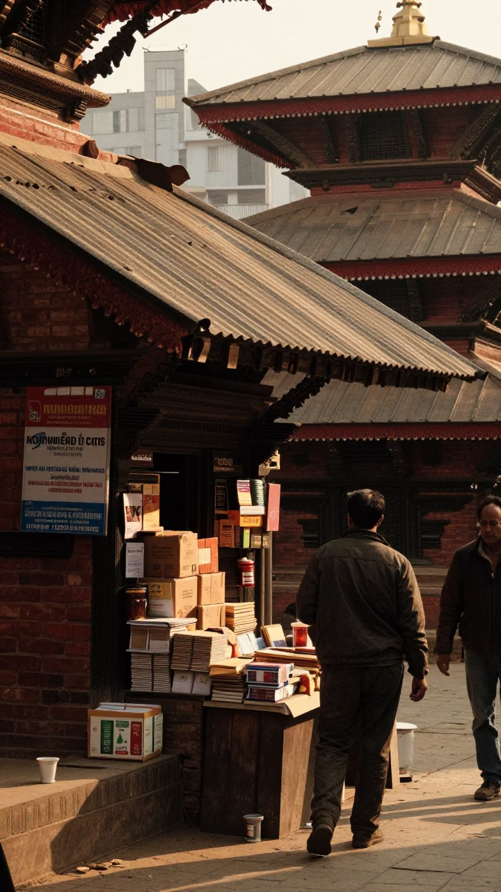 Kathmandu Late Afternoon Street Scene with Paperbacks and Jam Jar in in Kathmandu, Nepal