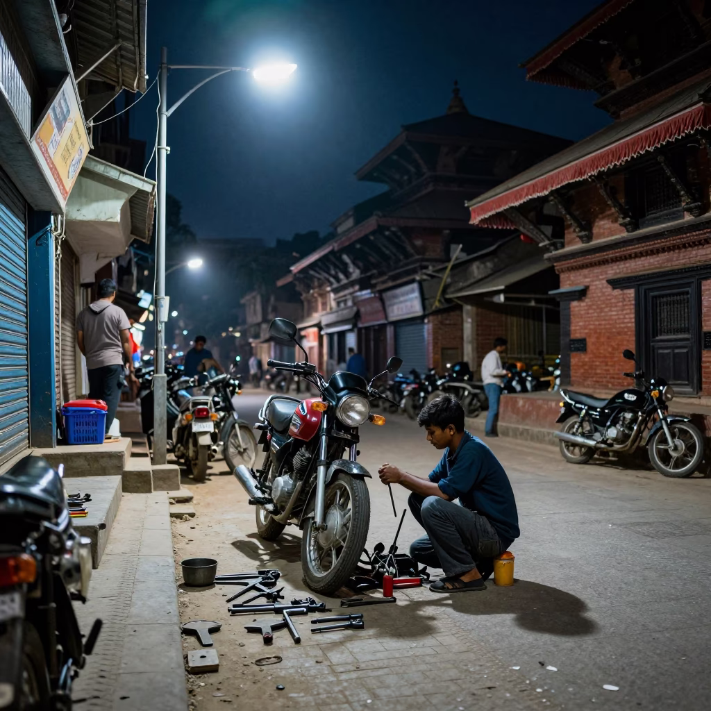 Kathmandu Midnight Street Scene with Motorcycle Repair Tools and Night Market Activity in in Kathmandu, Nepal