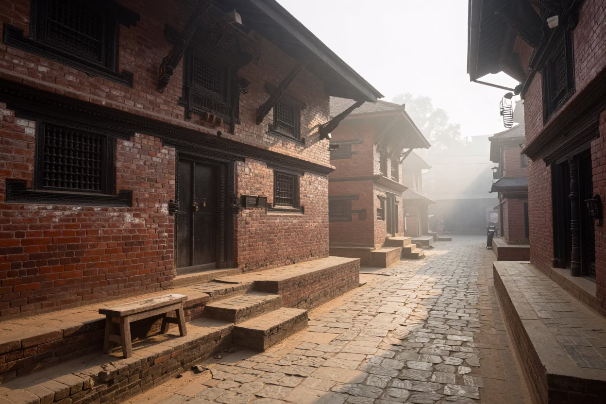 Kathmandu Morning Light on Traditional Stucco Street with Local Vendor and Wooden Stool in in Kathmandu, Nepal