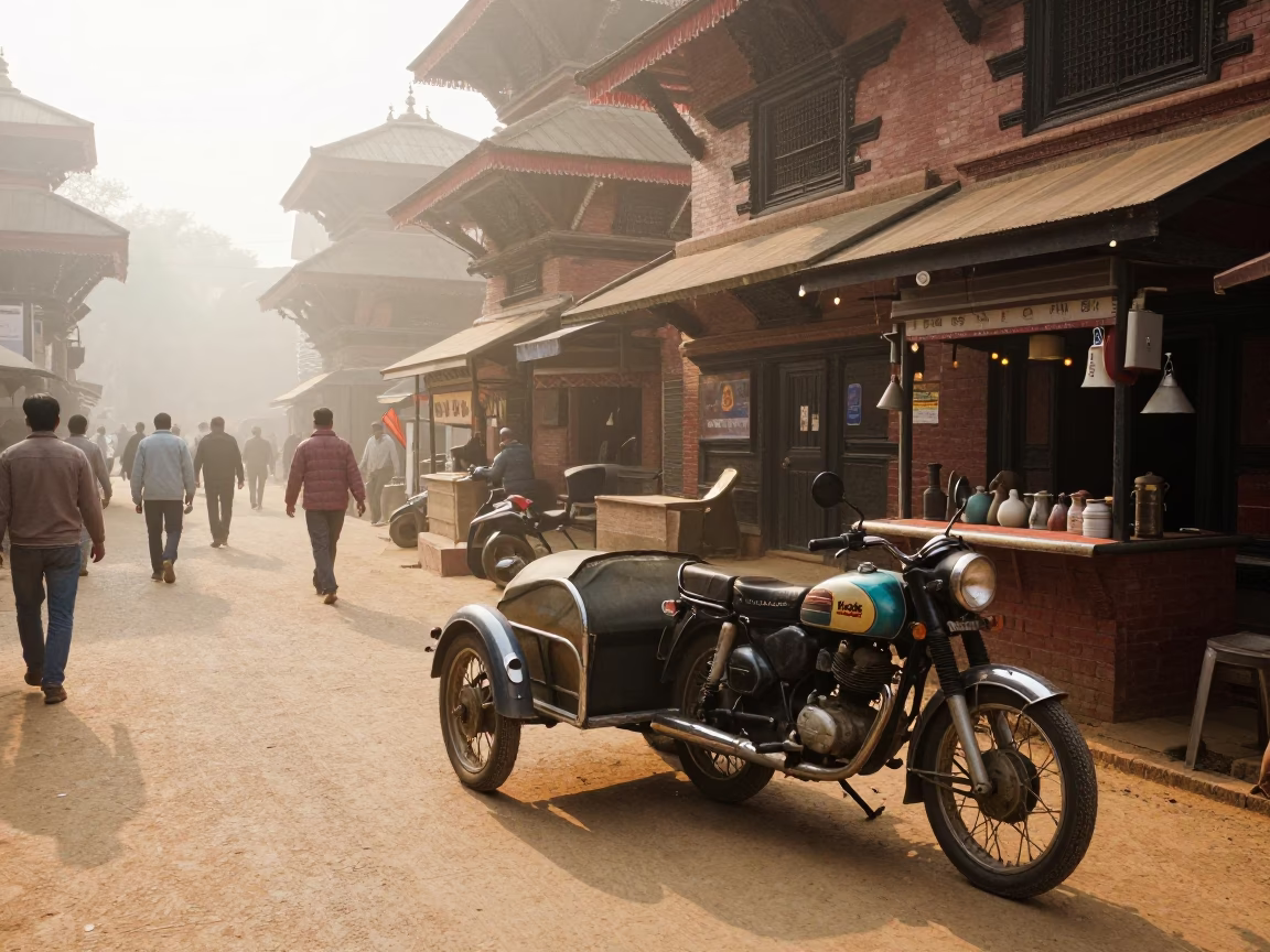 Kathmandu Morning Street Scene with Vintage Motorcycle and Local Market Activity in in Kathmandu, Nepal