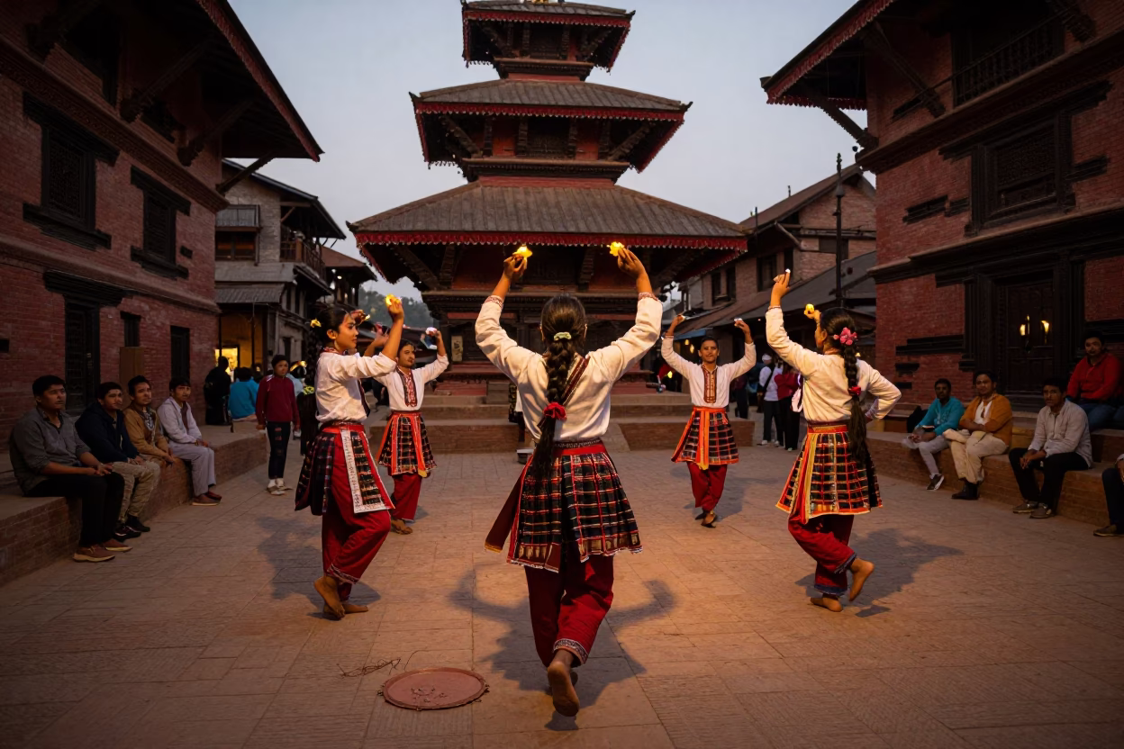 Kathmandu Nepal 1960s Evening Light Tea Tray Folk Dance Performance in in Kathmandu, Nepal