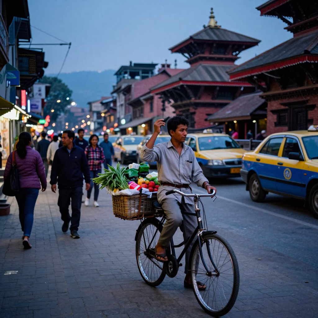 Kathmandu Nepal Blue Hour Street Scene with Bicycle Basket and Taxi Rank in in Kathmandu, Nepal