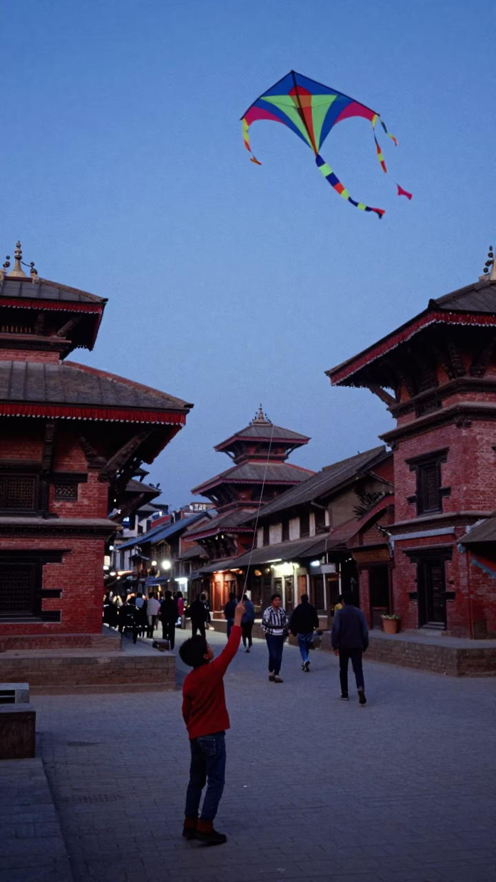 Kathmandu Nepal Blue Hour Street Scene with Child Flying Kite in in Kathmandu, Nepal