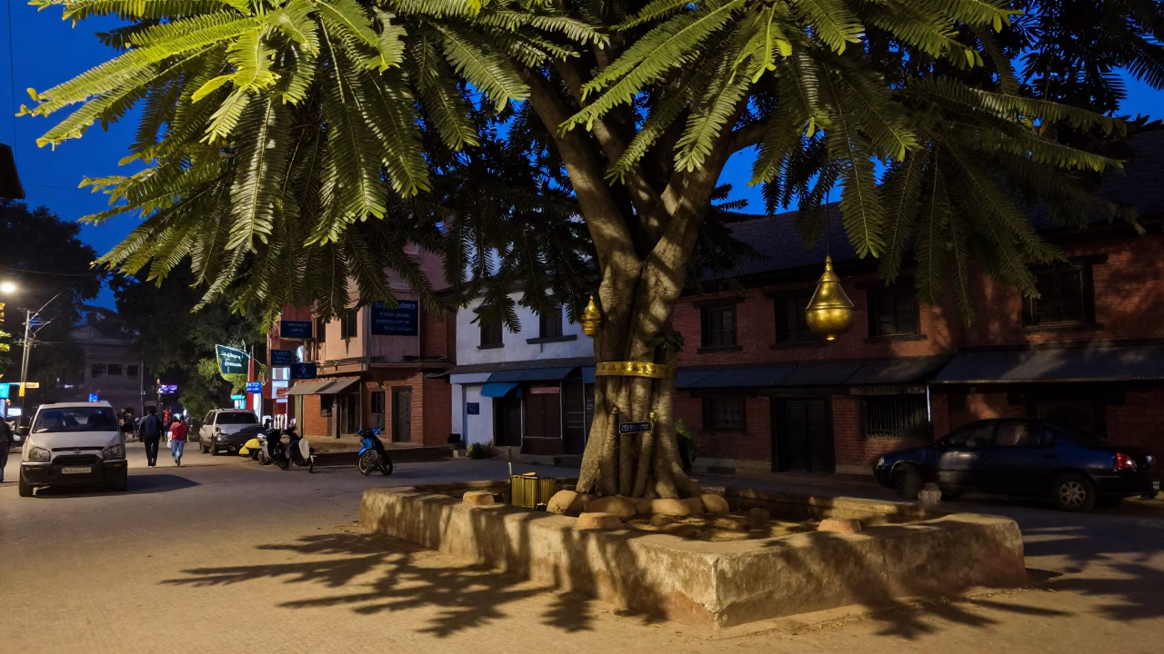 Kathmandu Nepal Blue Hour Street Scene with Kapok Tree and Brass Details in in Kathmandu, Nepal