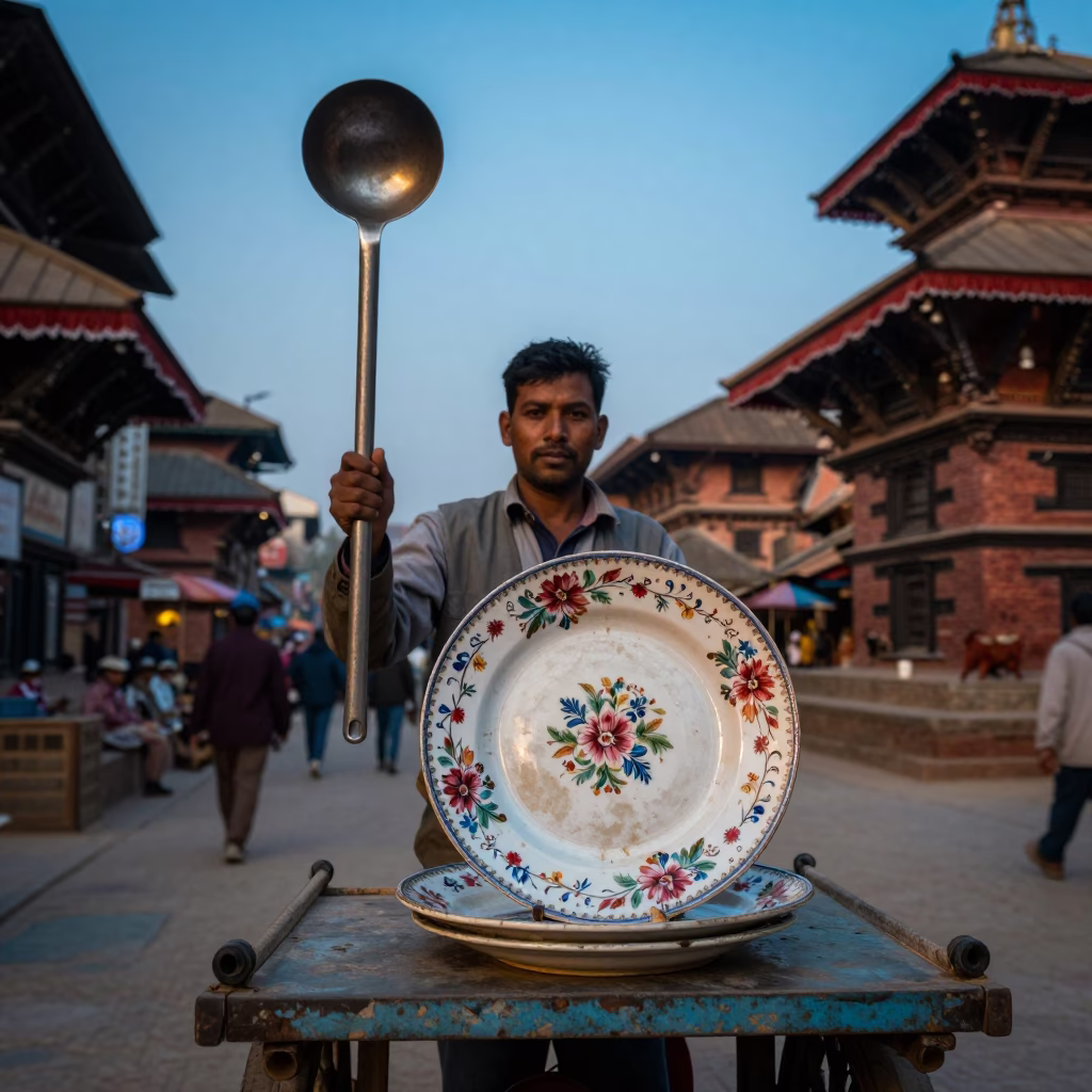 Kathmandu Nepal Blue Hour Street Scene with Ladle and Vintage Plate in in Kathmandu, Nepal