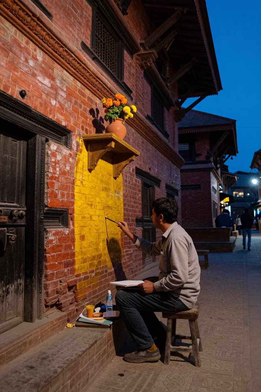Kathmandu Nepal Blue Hour Street Scene with Painter and Traditional Architecture in in Kathmandu, Nepal