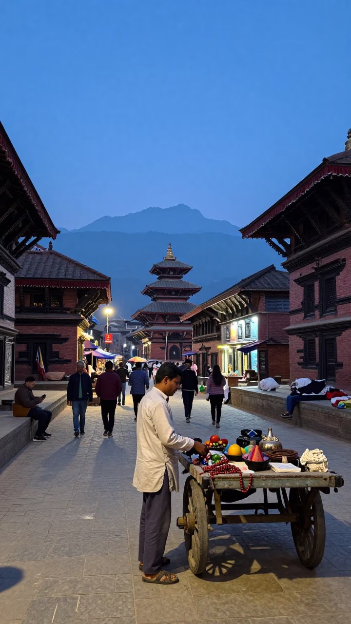 Kathmandu Nepal Blue Hour Street Scene with Prayer Beads and Traditional Life in in Kathmandu, Nepal
