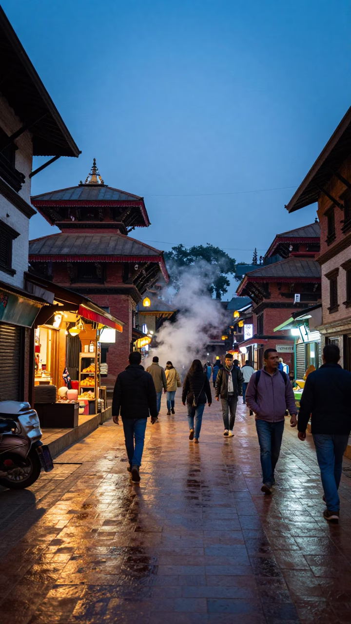 Kathmandu Nepal Blue Hour Street Scene with Steam and Colorful Details in in Kathmandu, Nepal