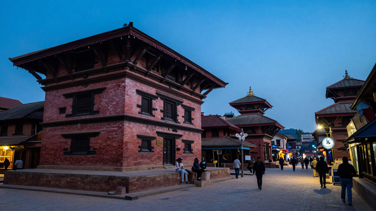 Kathmandu Nepal Blue Hour Street Scene with Traditional Architecture and Local Life in in Kathmandu, Nepal