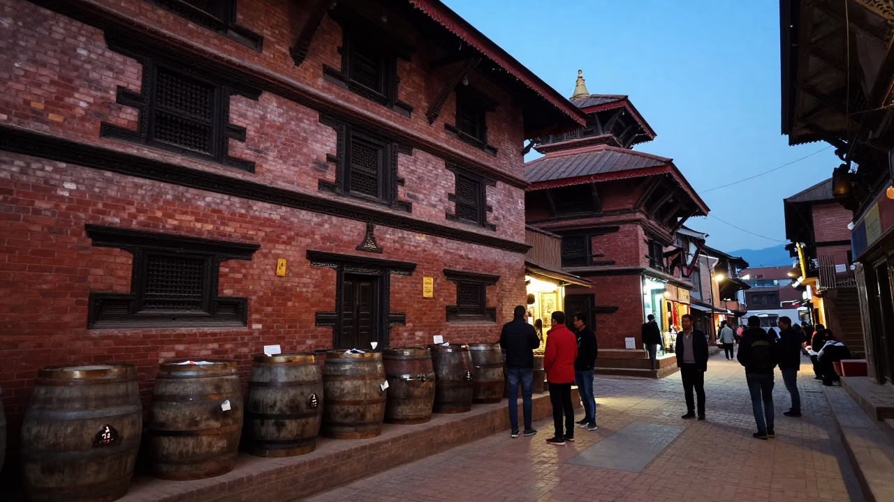 Kathmandu Nepal Blue Hour Street Scene with Traditional Sake Barrel Ceremony Elements in in Kathmandu, Nepal