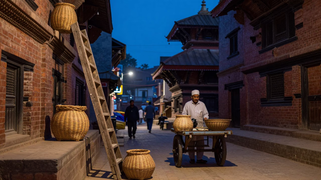 Kathmandu Nepal blue hour street scene with woven baskets and wooden ladder in in Kathmandu, Nepal
