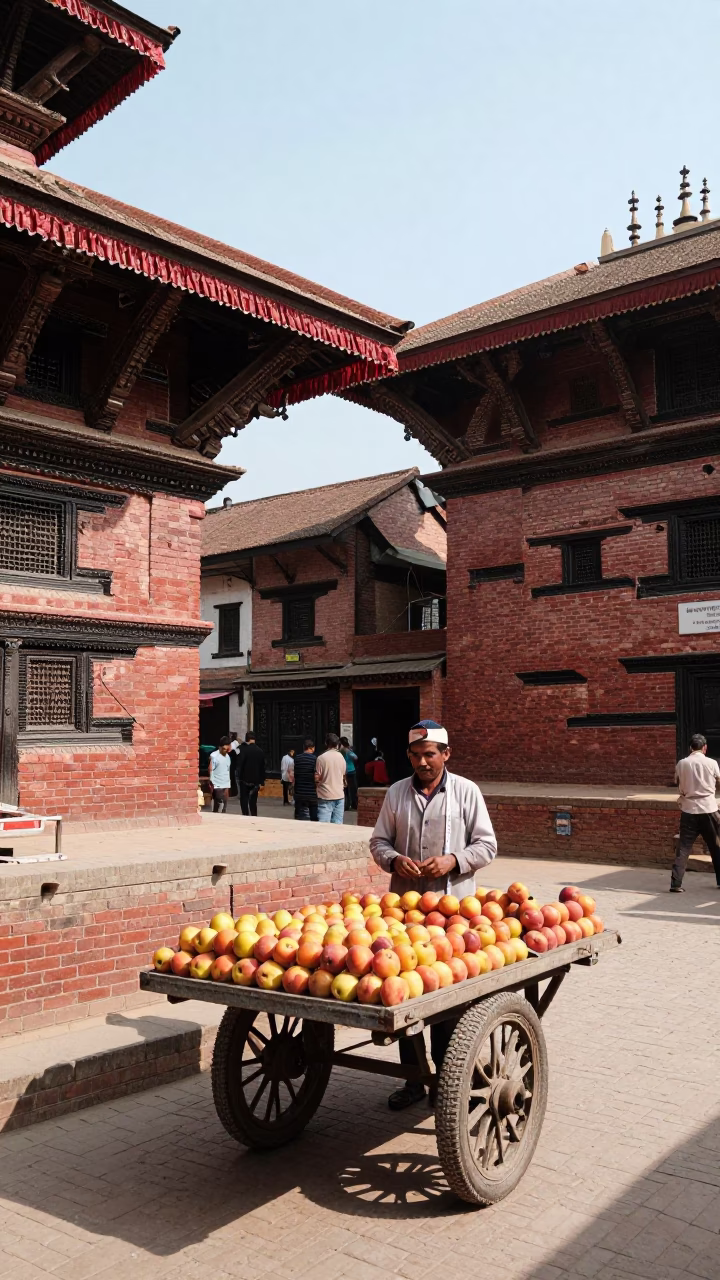 Kathmandu Nepal Bright Midmorning Street Scene with Brick Buildings and Local Activity in in Kathmandu, Nepal