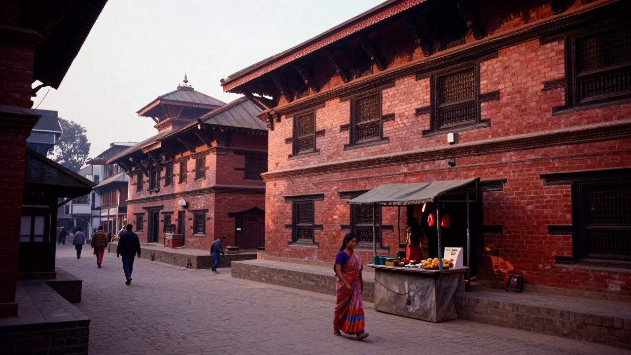 Kathmandu Nepal Dawn Street Scene with Brick Architecture and Morning Activity in in Kathmandu, Nepal