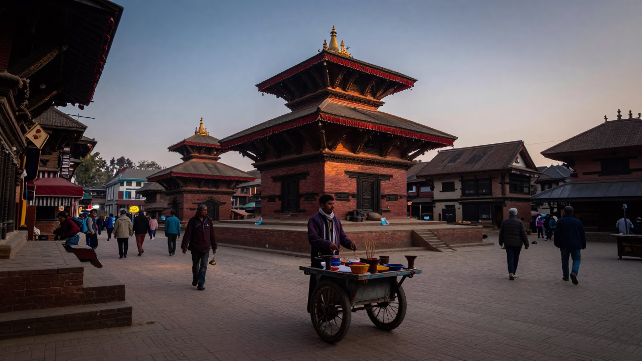 Kathmandu Nepal Dawn Street Scene with Incense Holder and Local Morning Activity in in Kathmandu, Nepal