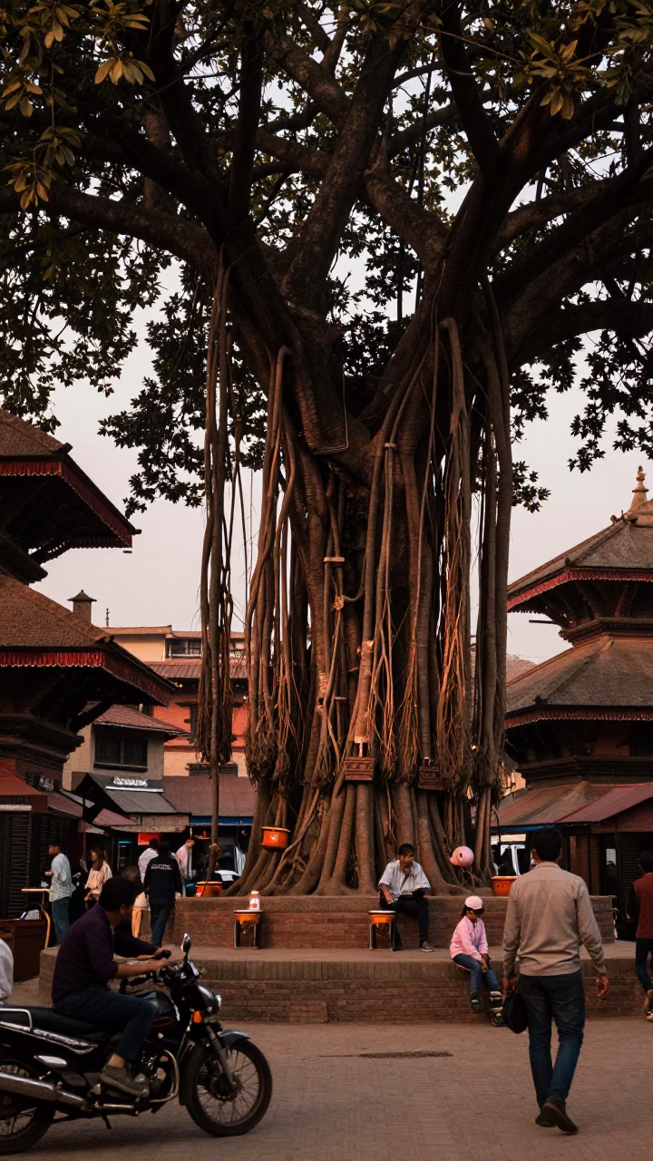 Kathmandu Nepal Dusk Street Scene with Banyan Tree and Tea Vendor in in Kathmandu, Nepal