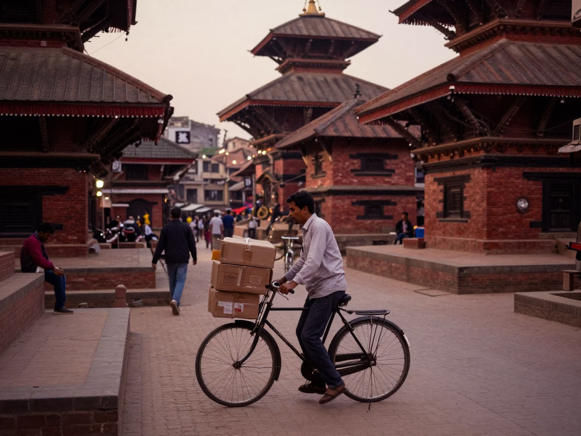 Kathmandu Nepal Dusk Street Scene with Bicycle and Brick Architecture in in Kathmandu, Nepal