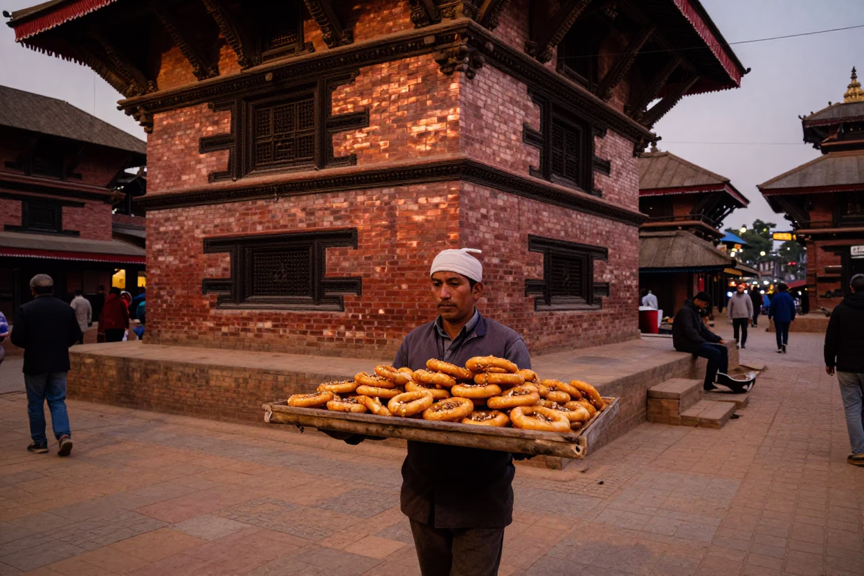 Kathmandu Nepal Dusk Street Scene with Mandazi Vendor and Traditional Architecture in in Kathmandu, Nepal