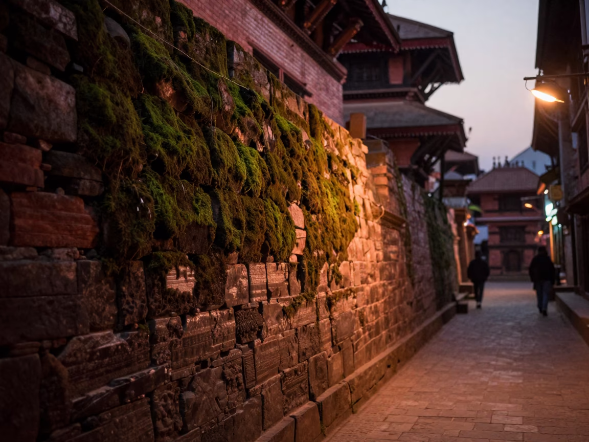 Kathmandu Nepal Dusk Street Scene with Mossy Stone Wall and Vintage Banjo in in Kathmandu, Nepal