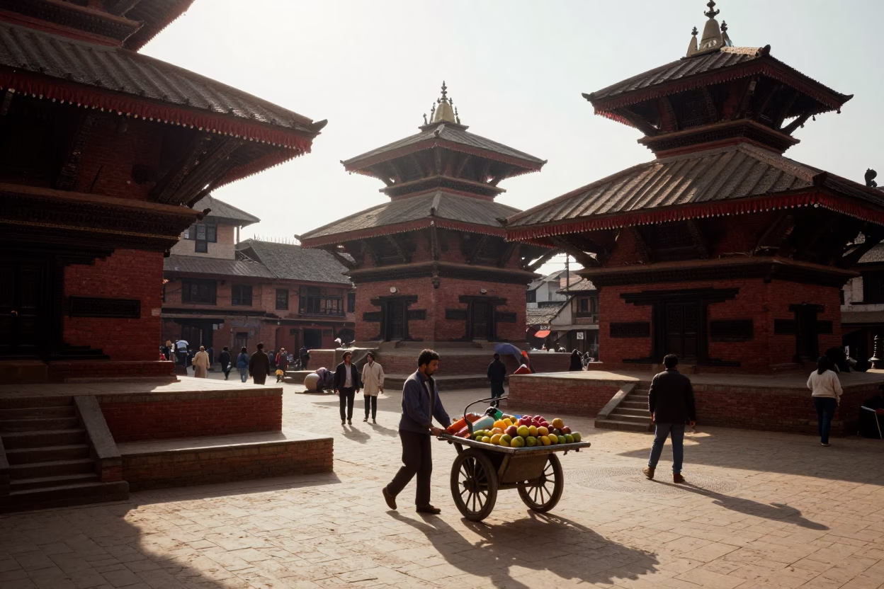Kathmandu Nepal Early Afternoon Street Scene with Traditional Architecture and Local Life in in Kathmandu, Nepal