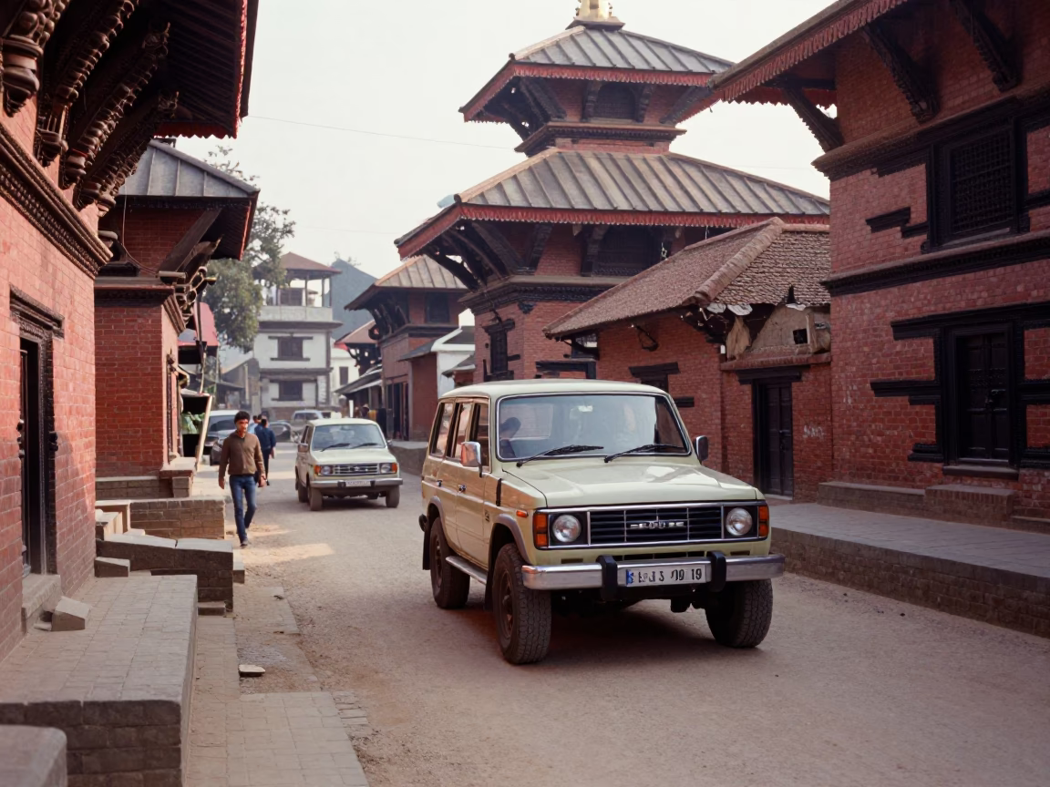 Kathmandu Nepal Early Afternoon Street Scene with Vintage SUV and Local Life in in Kathmandu, Nepal