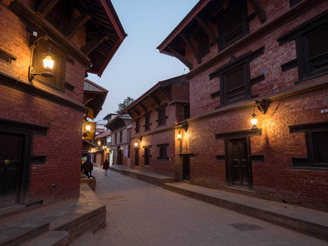 Kathmandu Nepal early evening street scene with oil lamps and traditional architecture in in Kathmandu, Nepal