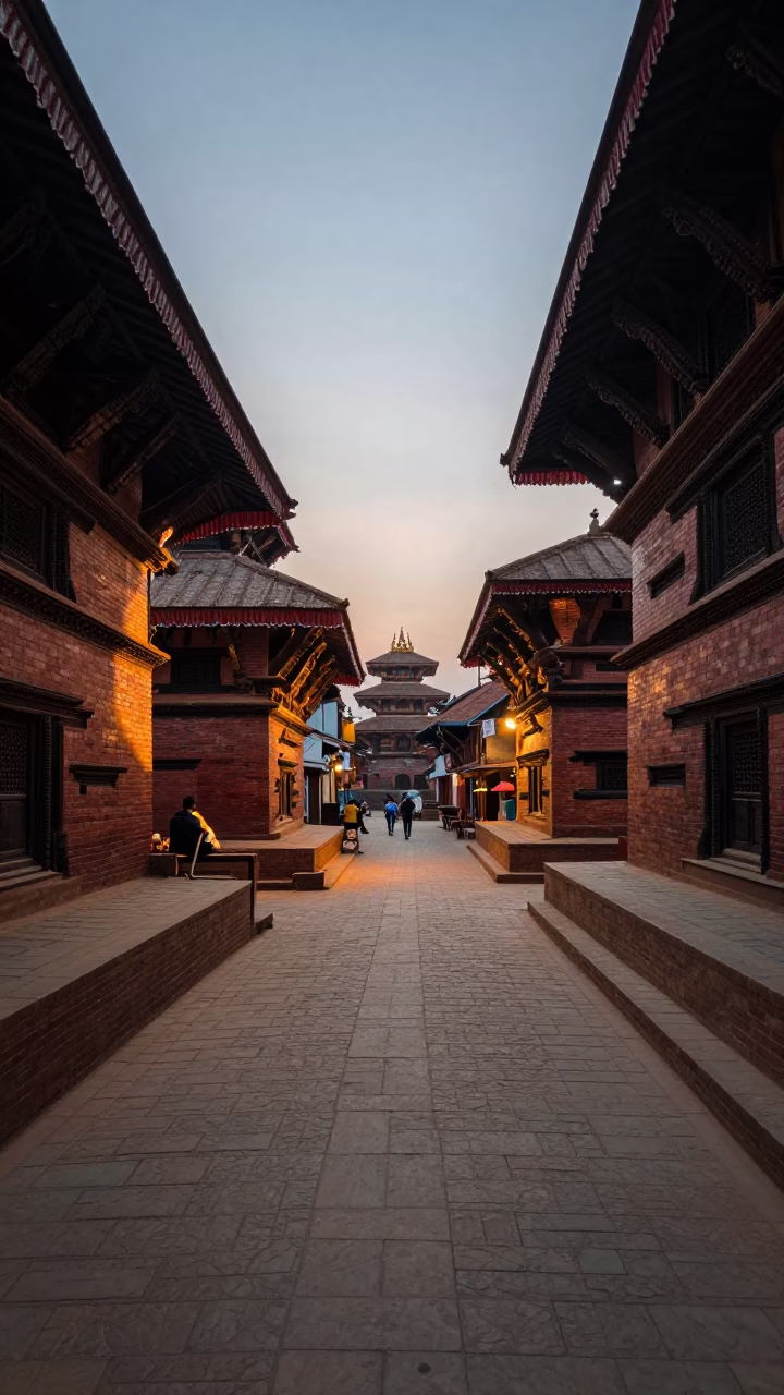 Kathmandu Nepal Early Evening Street Scene with Traditional Architecture and Local Life in in Kathmandu, Nepal