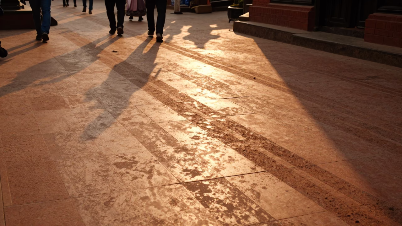 Kathmandu Nepal Evening Light Sun Stripe Floor Tiles and Rusty Metal Details in in Kathmandu, Nepal