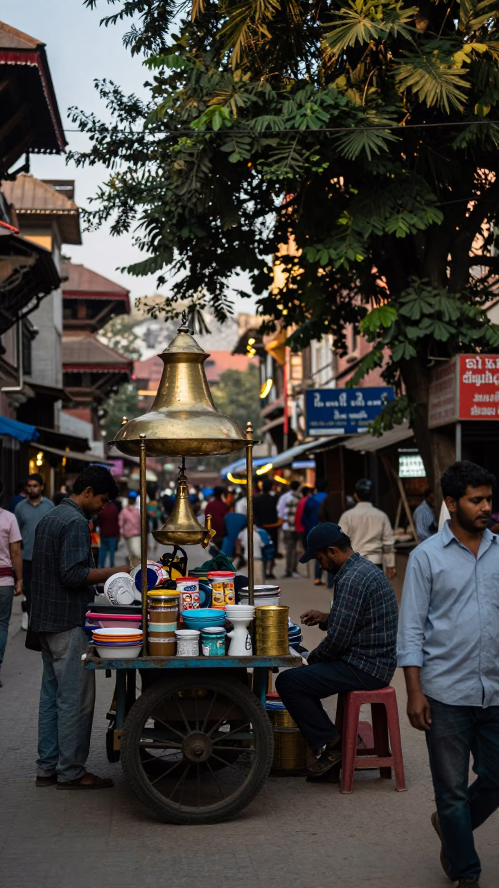 Kathmandu Nepal Evening Street Scene with Brass Decor and Urban Life in in Kathmandu, Nepal