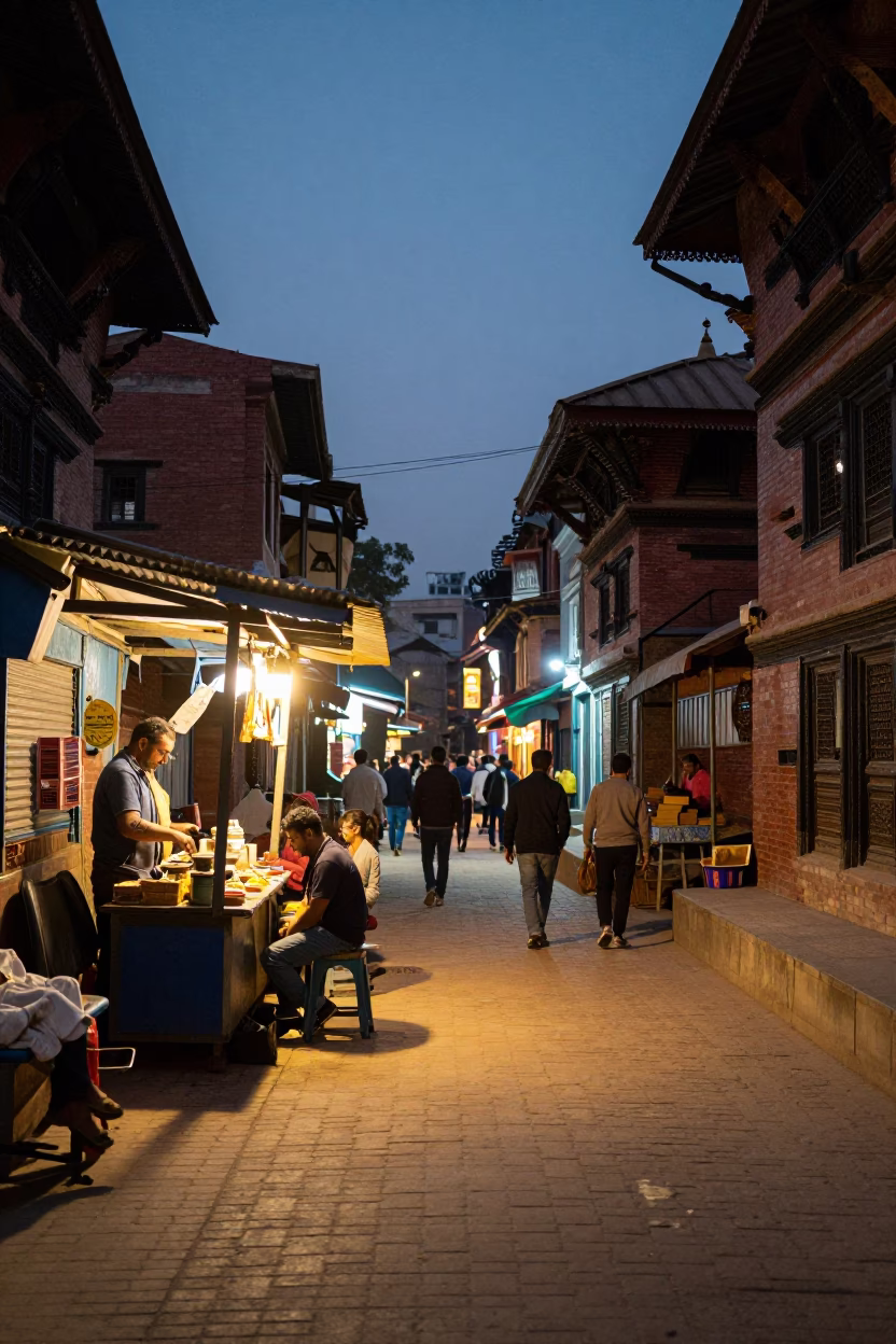 Kathmandu Nepal Evening Street Scene with Dusk Lights and Local Market Activity in in Kathmandu, Nepal