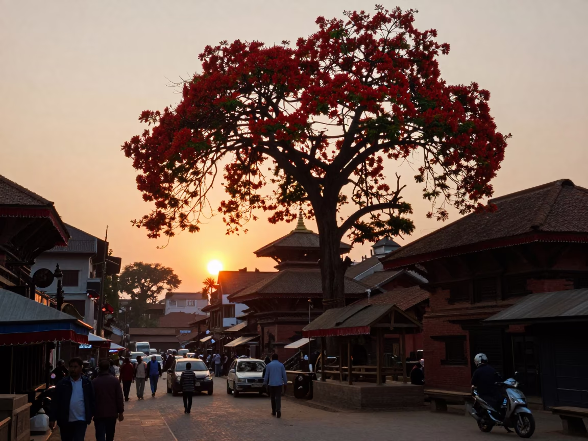 Kathmandu Nepal Evening Street Scene with Flame Tree Bloom and Local Commerce in in Kathmandu, Nepal