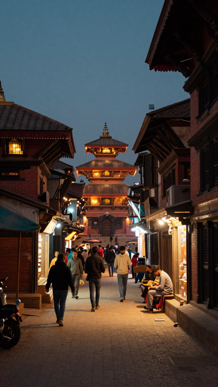 Kathmandu Nepal Evening Street Scene with Glowing City Lights and Traditional Architecture in in Kathmandu, Nepal