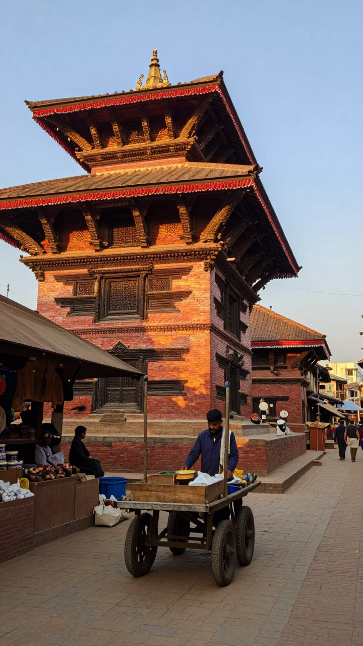 Kathmandu Nepal Evening Street Scene with Local Market Activity and Traditional Architecture in in Kathmandu, Nepal
