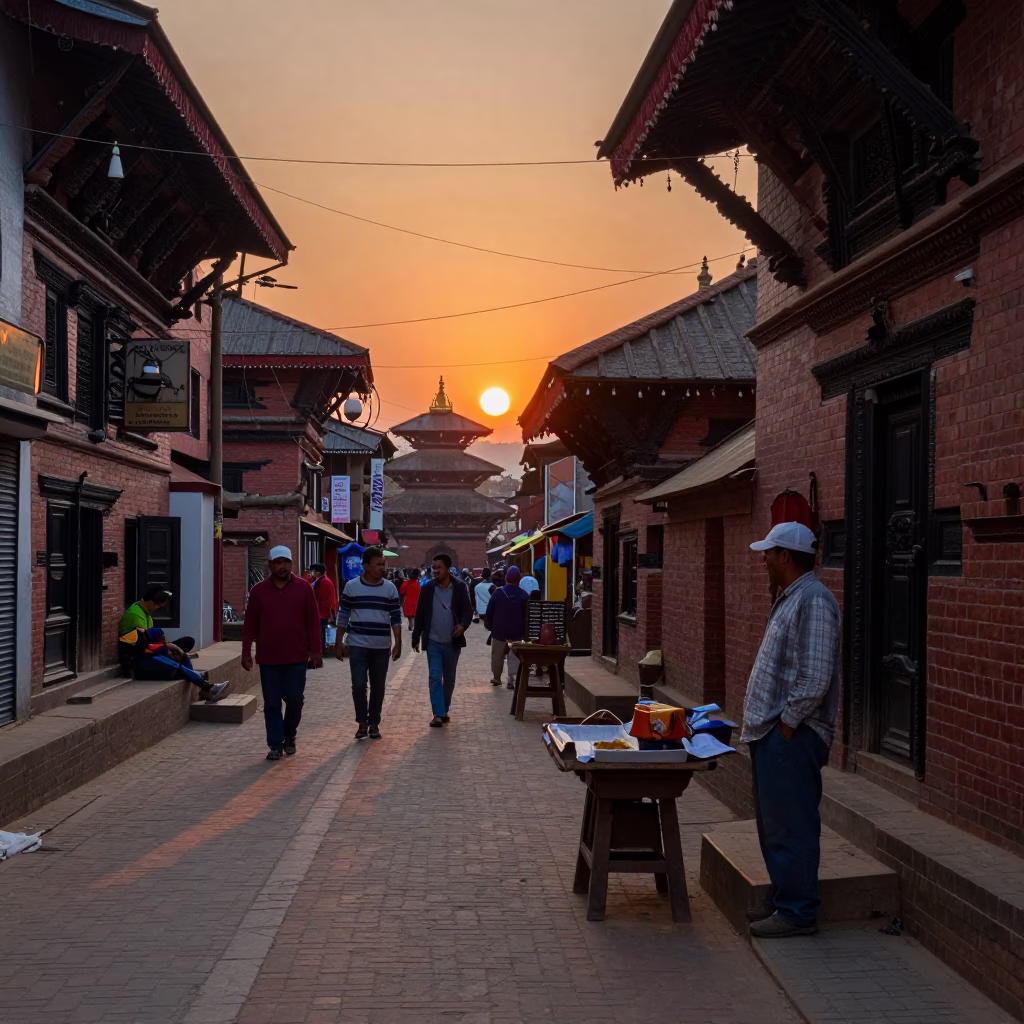 Kathmandu Nepal Evening Street Scene with Local Vendor and Sunset Light in in Kathmandu, Nepal