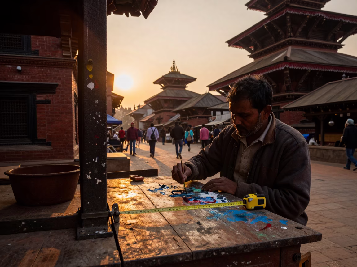 Kathmandu Nepal Evening Street Scene with Measuring Tape and Paint Flecks in in Kathmandu, Nepal