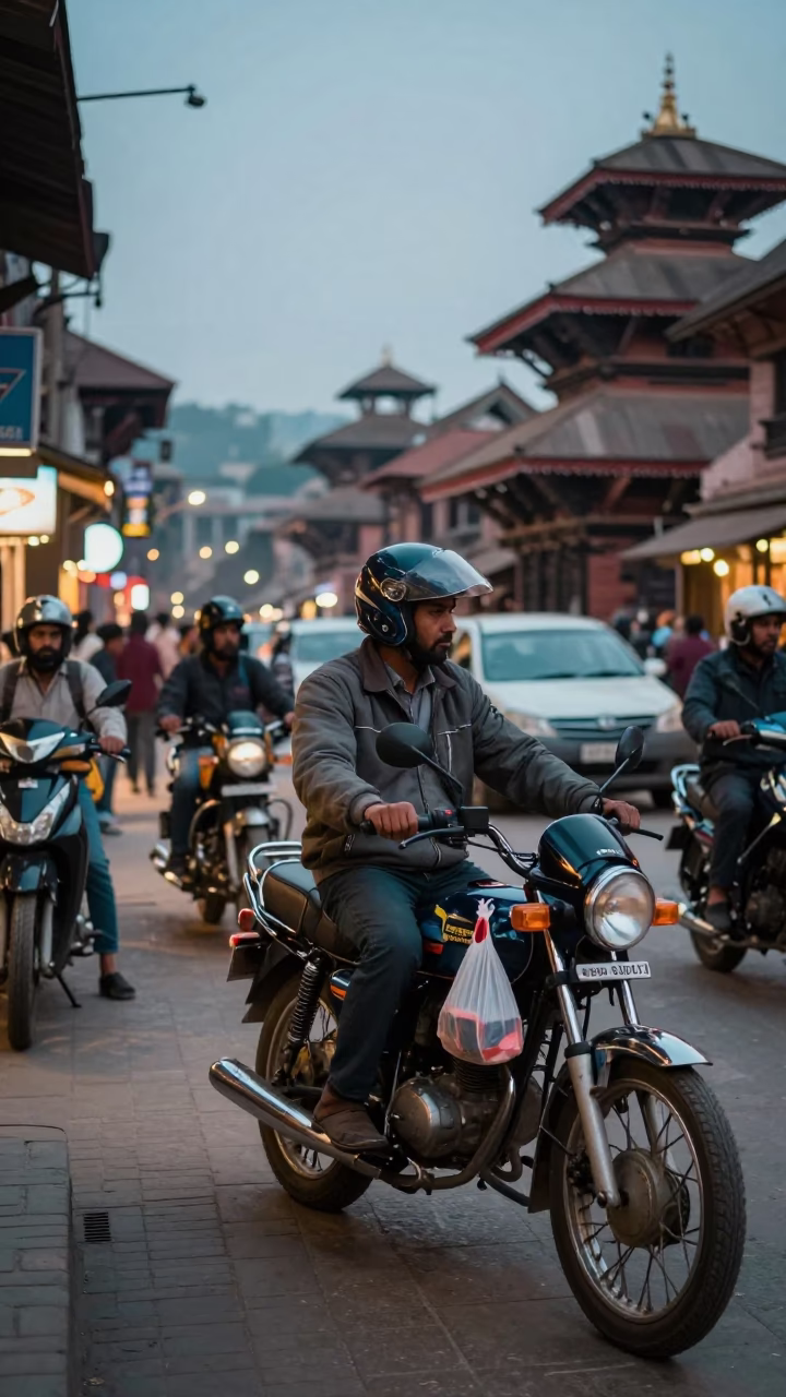 Kathmandu Nepal Evening Street Scene with Motorcycle and Kettle in Traditional Neighborhood in in Kathmandu, Nepal