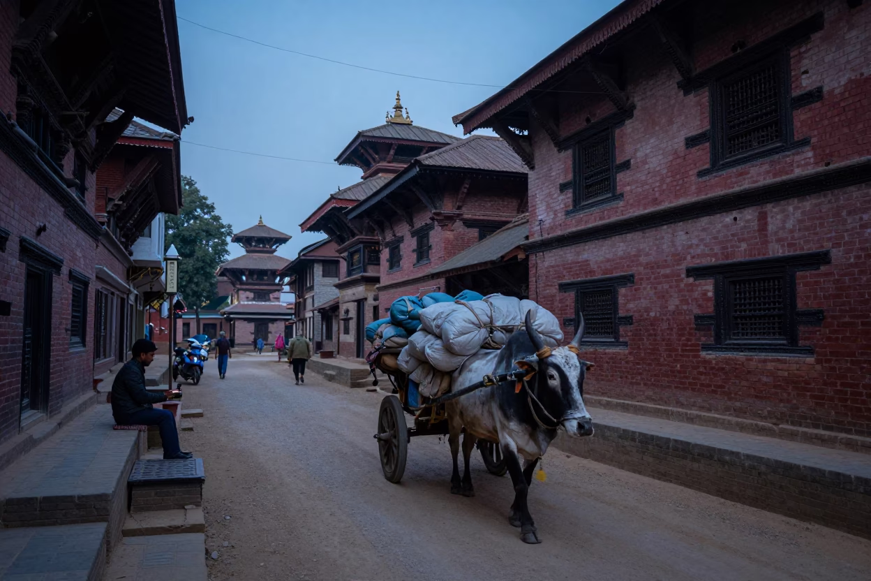 Kathmandu Nepal Evening Street Scene with Ox Cart and Traditional Architecture in in Kathmandu, Nepal
