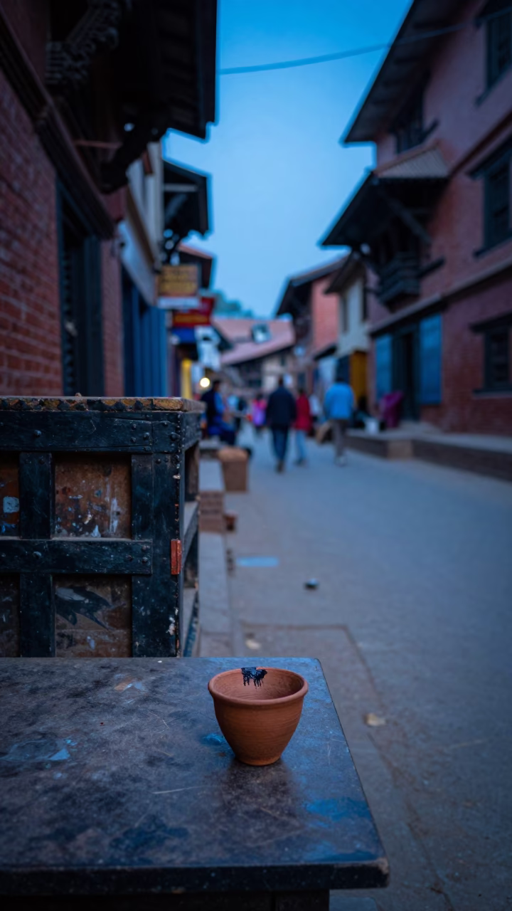 Kathmandu Nepal Evening Street Scene with Painted Crate and Smudged Saucer in in Kathmandu, Nepal