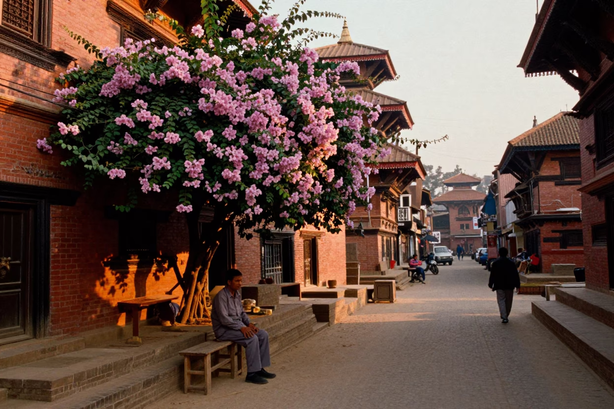 Kathmandu Nepal Evening Street Scene with Plumbago Hedge and Local Stool in in Kathmandu, Nepal